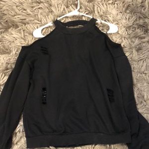 Black sweatshirt with cut out shoulders and rips